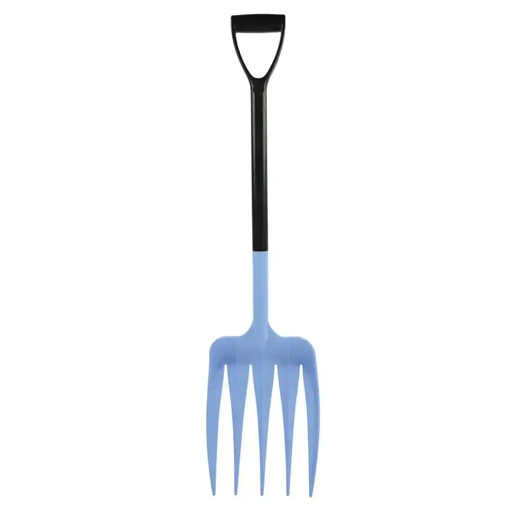 Light blue plastic Harold Moore Unifork yard fork with black d-shaped handle for easy gardening tasks