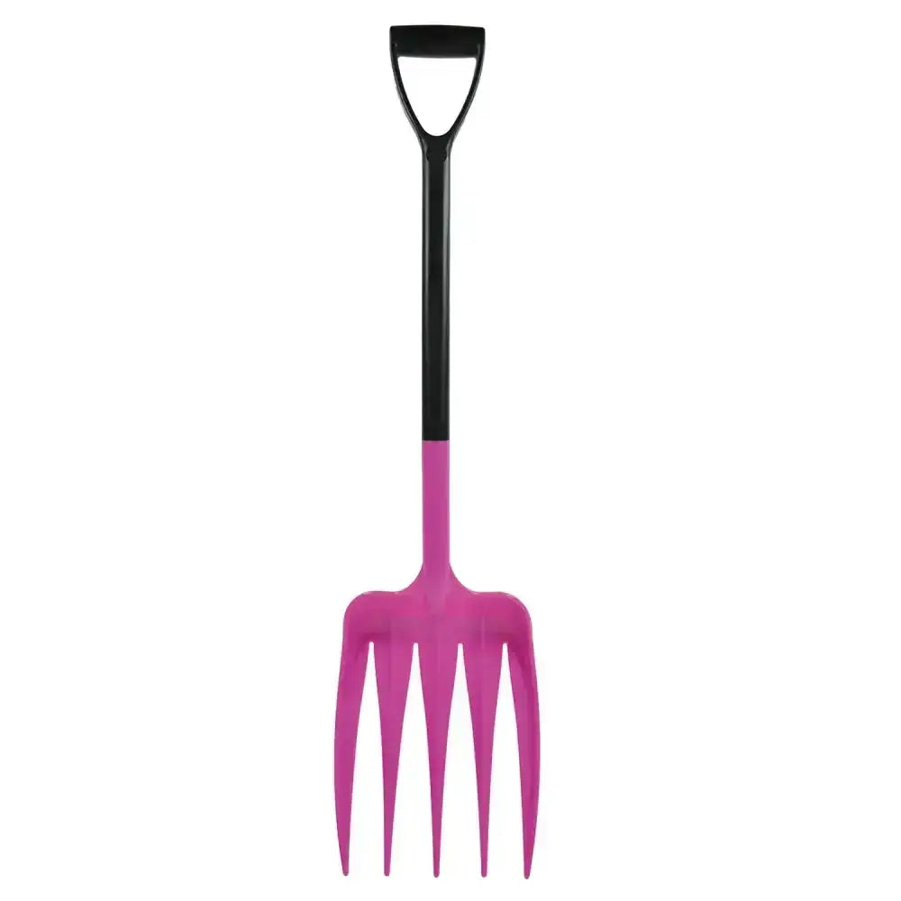 Pink plastic harold moore unifork yard fork with black d-shaped handle for easy garden digging and turning soil