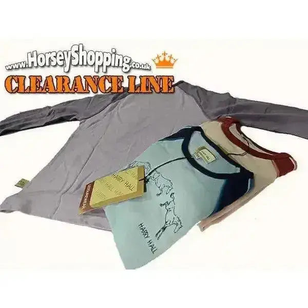 Harry hall long sleeved childrens t shirts in light blue and navy two tone colours with white horse graphic
