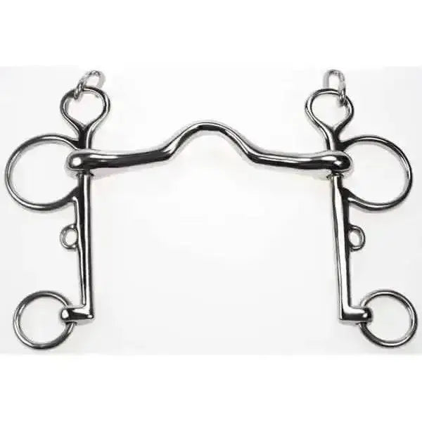 Shiny chrome-plated hartwell pelham long cheek bit with smooth curved horsebit and multiple rings for secure attachment