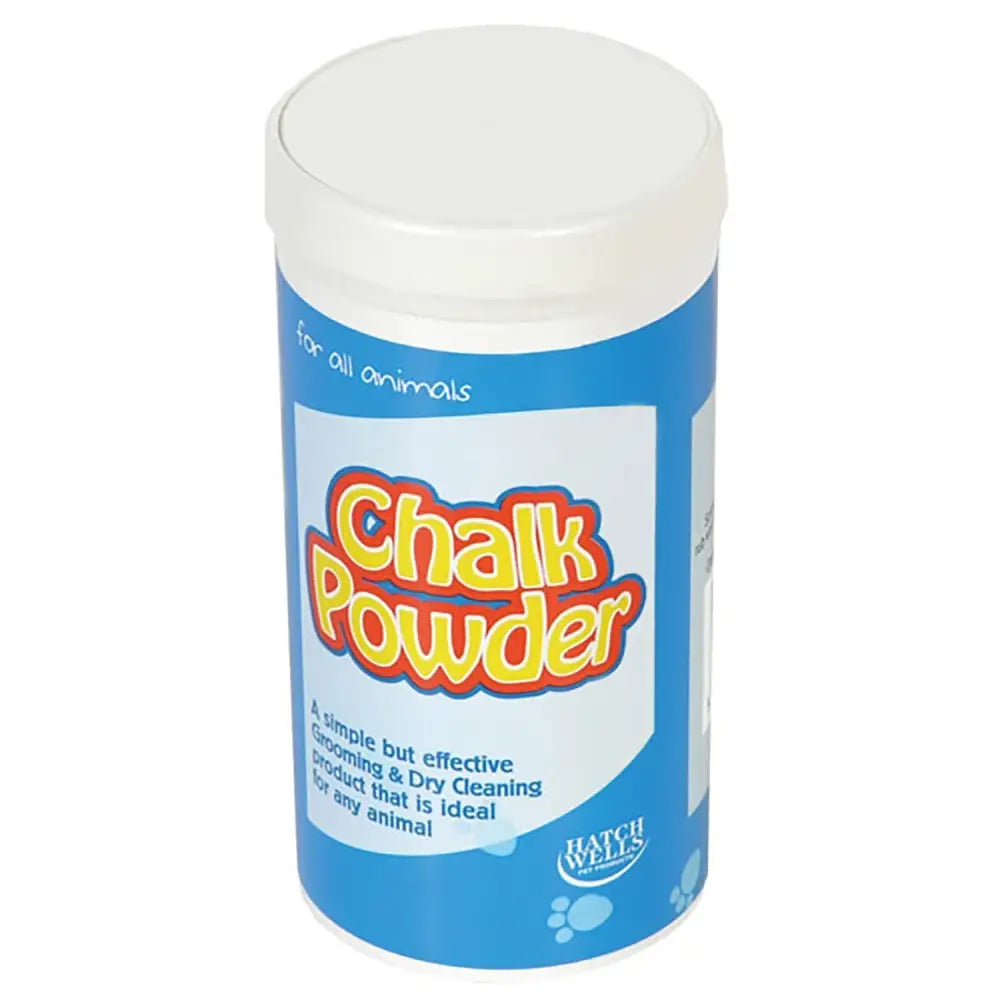 Blue cylindrical container of hatchwells chalk powder for effective grooming and whitening coats of all animals