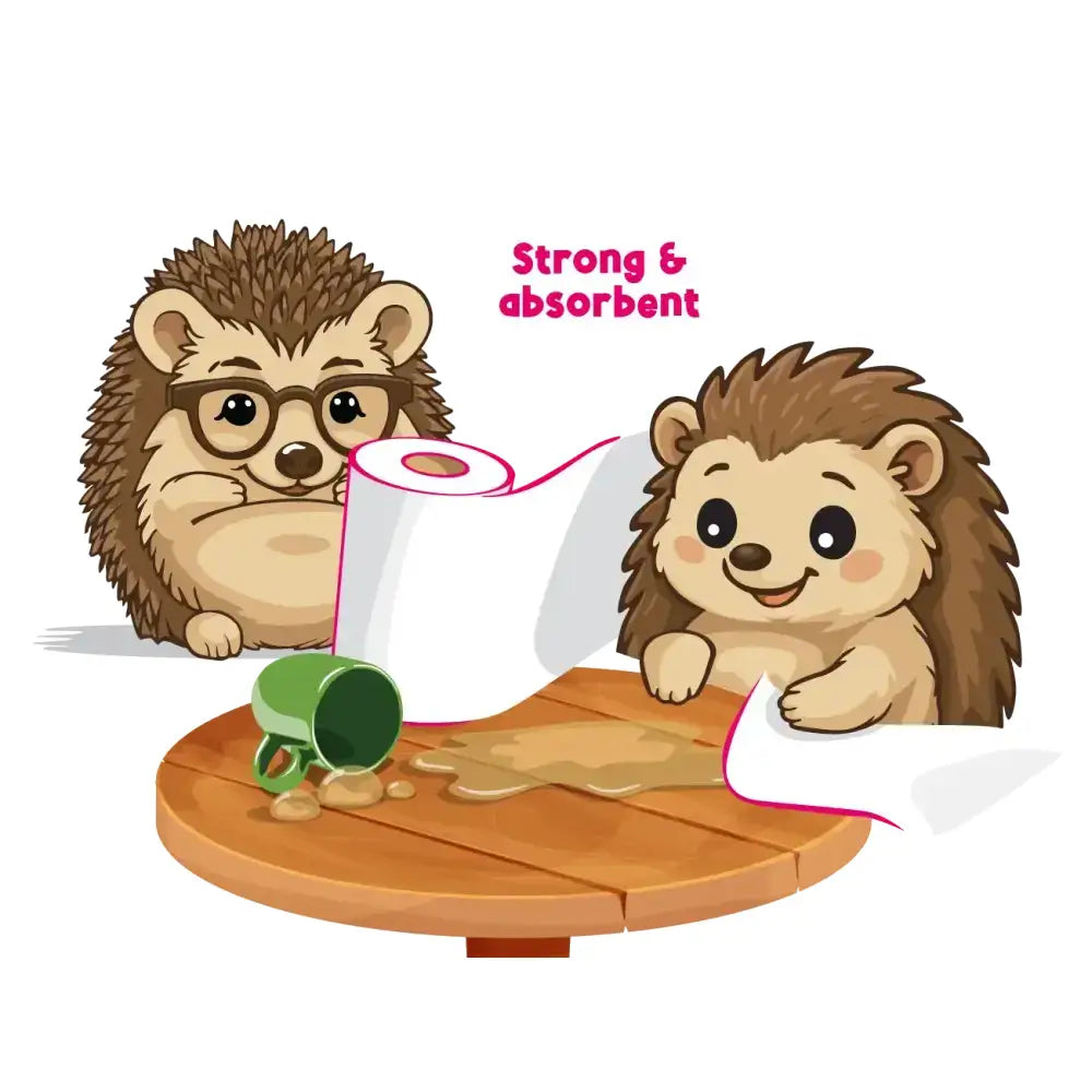 White kitchen towel 2ply roll with pink trim featuring cartoon hedgehog characters from hedgie kitchen towel