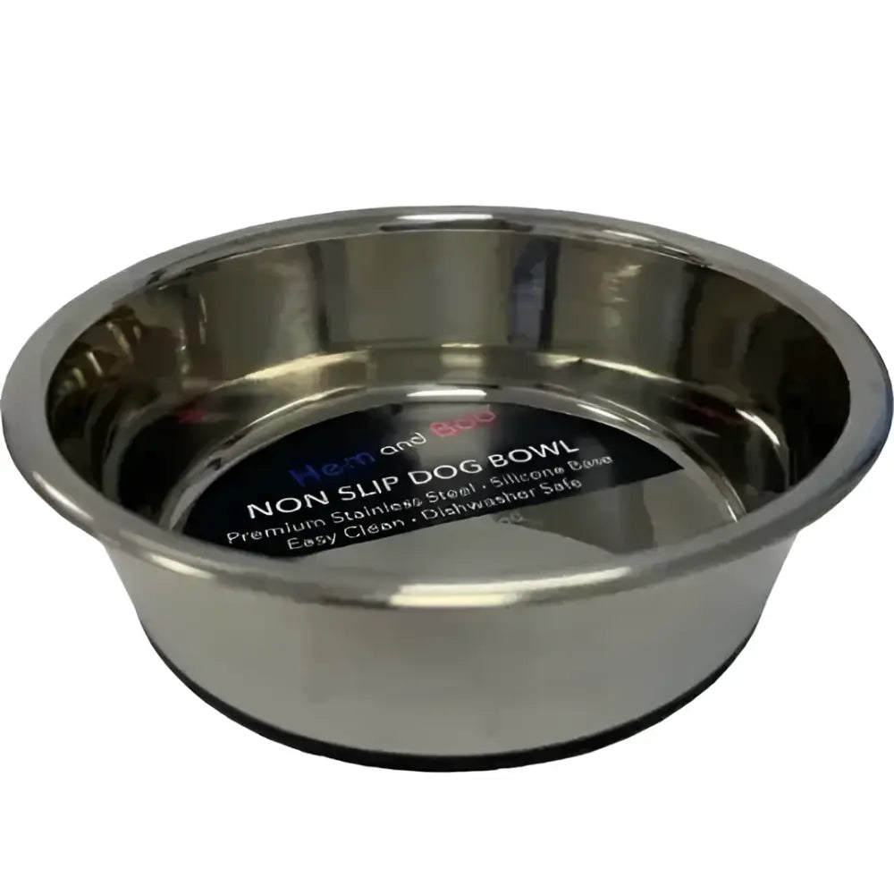 Shiny stainless steel bowl large with black silicon base and health and mood branding by hem and boo