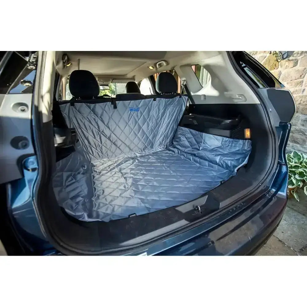 Gray quilted henry wag car boot bumper protector suv with black trim and small blue logo for pet car seat cover
