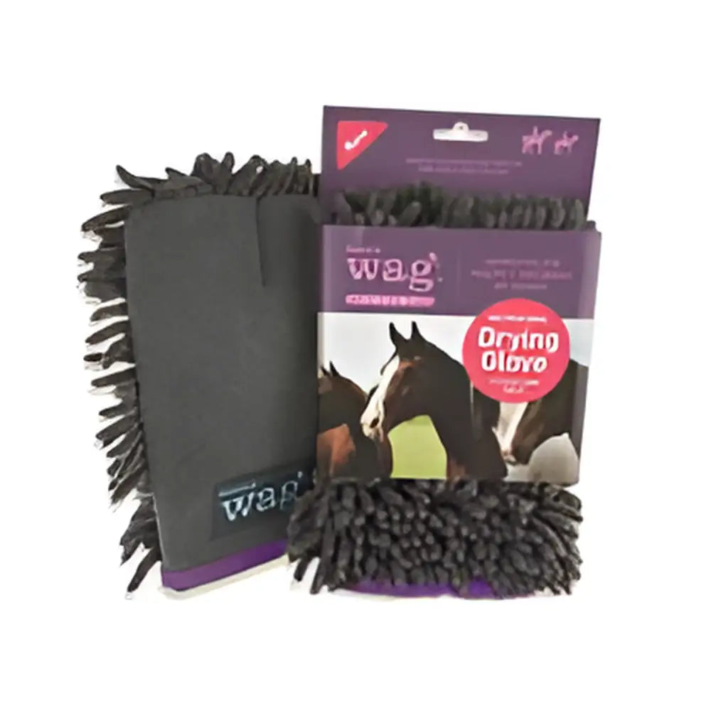 Black henry wag equine microfibre cleaning glove with plush fuzzy texture and purple trim for drying use