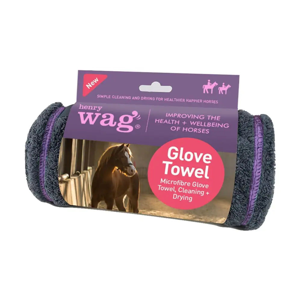 Dark gray henry wag equine microfibre glove towel with purple trim in branded henry wag sleeve perfect for equine care