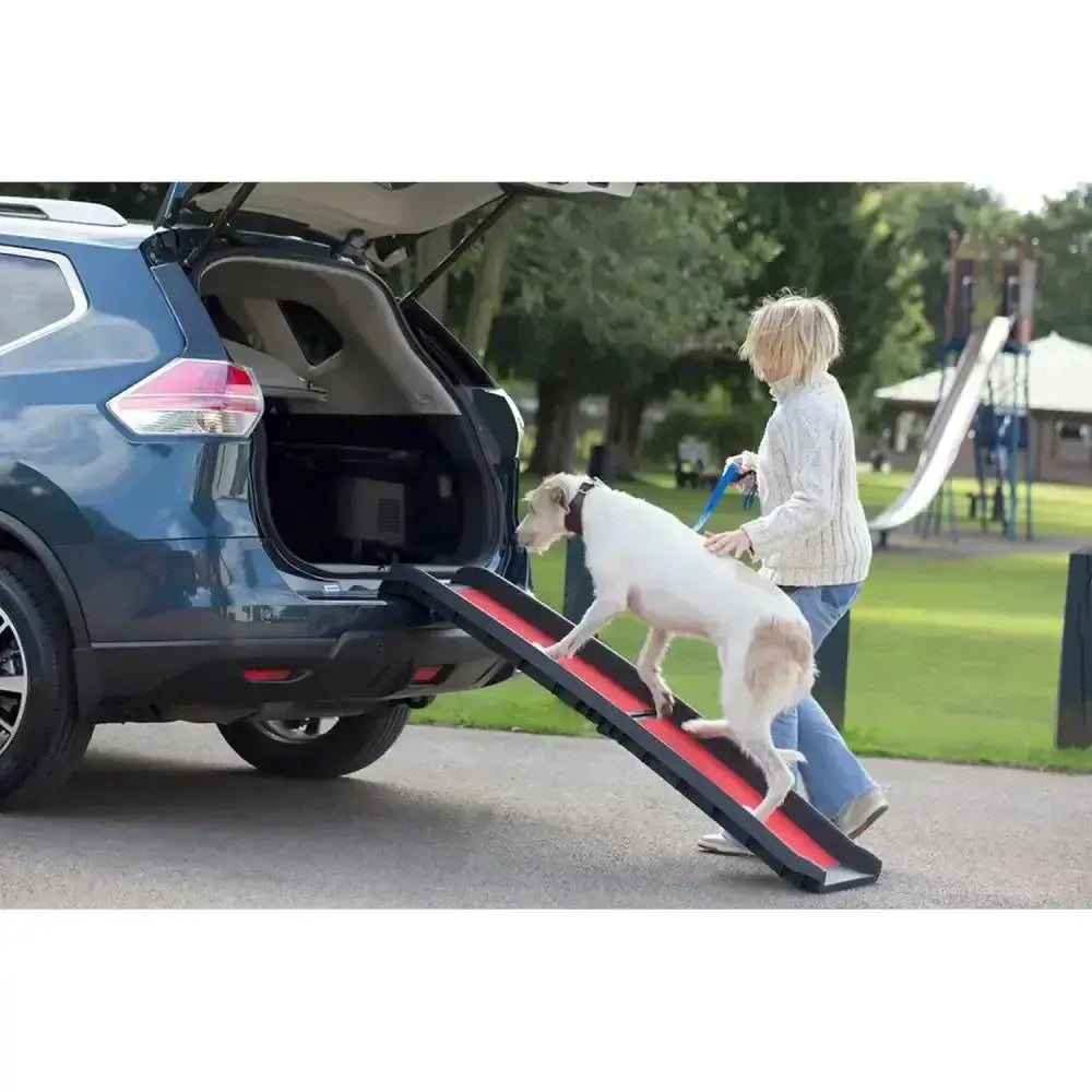 Red and black henry wag lightweight folding pet ramp with textured surface for easy traction and safe dog car ramp use