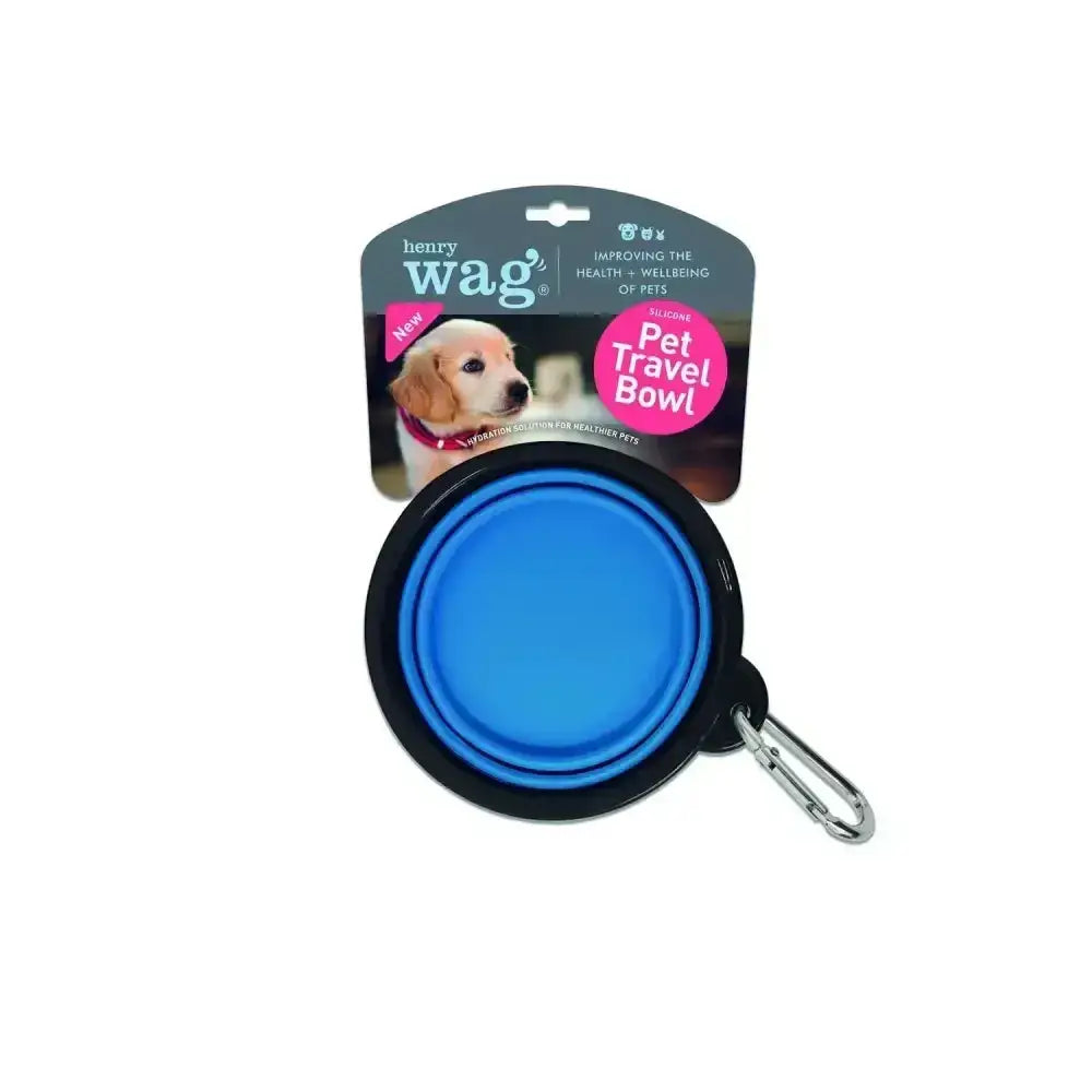 Blue collapsible travel dog bowl with black rim and silver carabiner clip by henry wag pet travel for easy carrying
