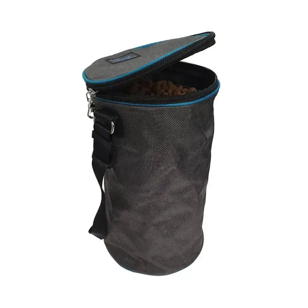 Black mesh henry wag snack pack with teal zipper and strap for easy pet treat storage and carrying