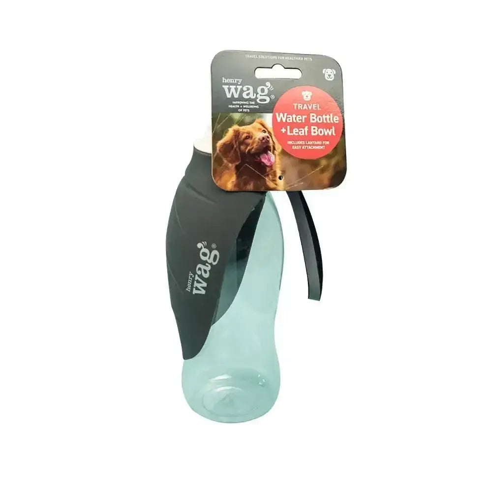 A translucent teal and black henry wag travel water bottle with a leaf bowl attachment for wag travel water use