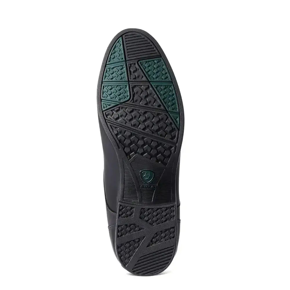 Black rubber sole with textured tread and green accents on heritage contour waterproof insulated ariat long riding boots