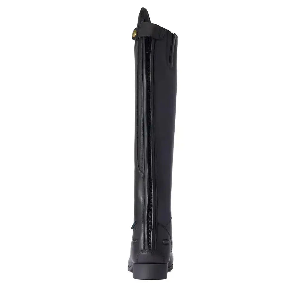 Black leather heritage contour waterproof insulated tall riding boot with side zipper and gold pull tab, ariat long riding boots