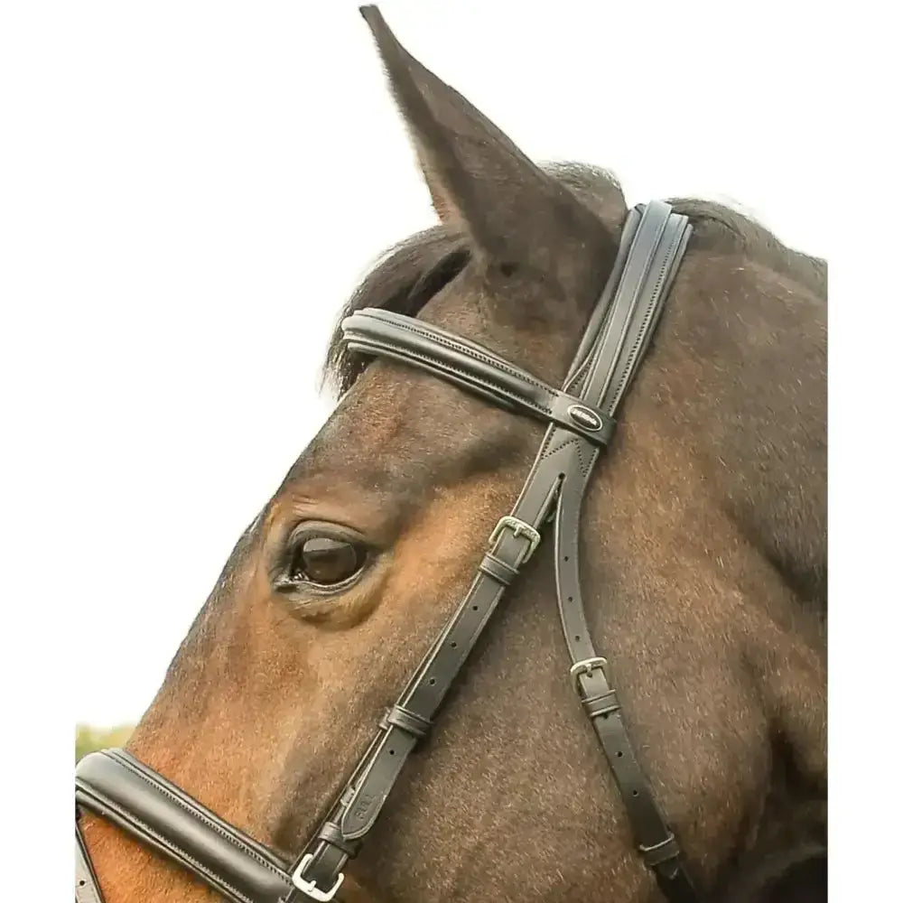 Heritage english leather comfort design headpiece bridle in black leather with silver hardware and stitched detailing
