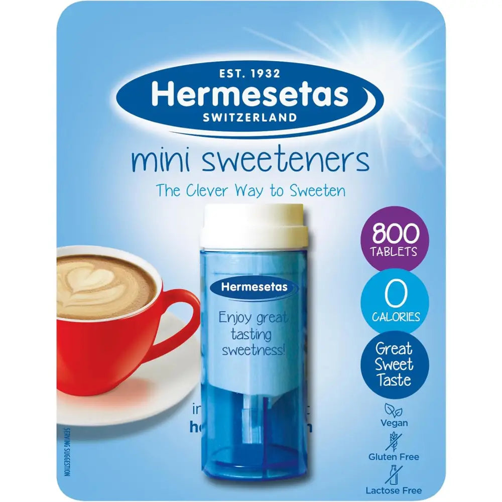 Blue translucent plastic bottle with white cap labeled hermesetas sweetners mini sweeteners for equestrian use
