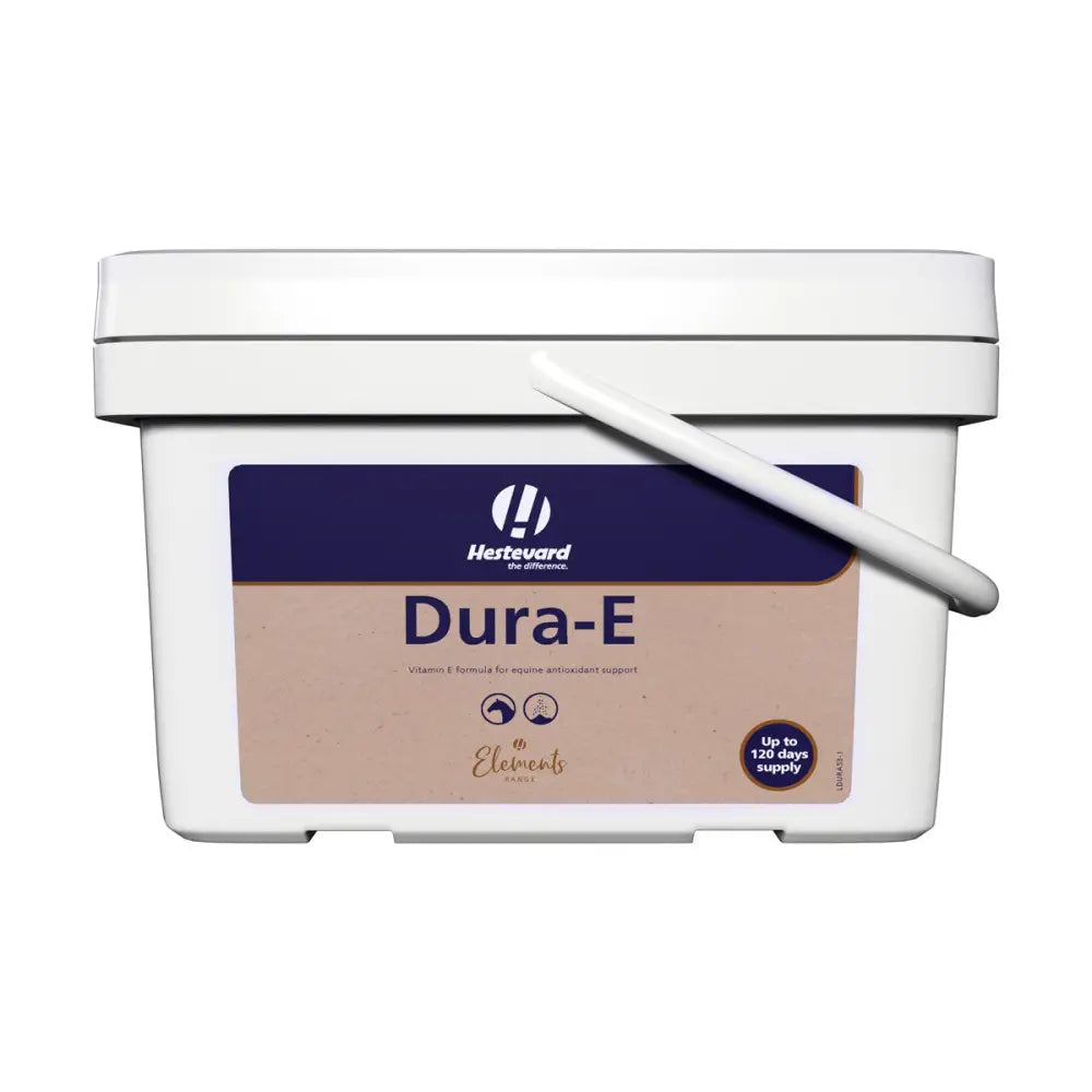 White plastic bucket with handle labeled hestevard dura-e featuring concentrated vitamin-e formula for antioxidant support