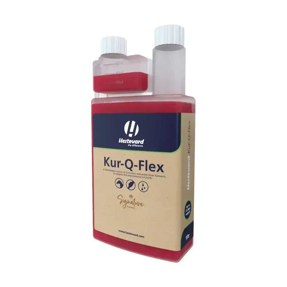 Red and beige labeled hestevard kur-q-flex joint supplement bottle to control inflammation in horse supplements