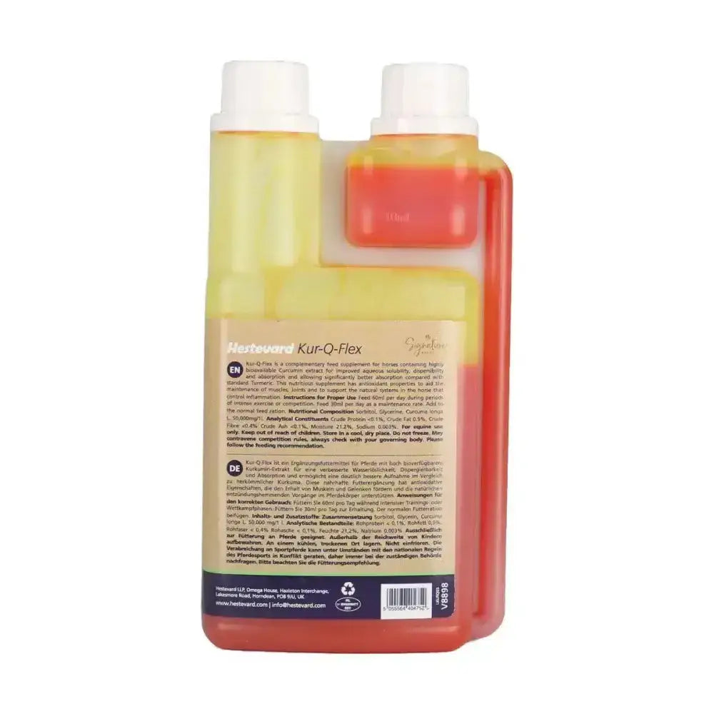 Orange plastic bottle with white cap and yellow liquid labeled hastevard kur-q-flex for horse supplements to control inflammation