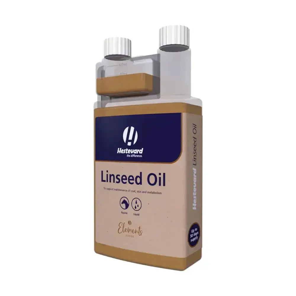 Hestevard linseed oil bottle with beige and navy label and two silver caps containing cold-pressed linseed oil horse supplements