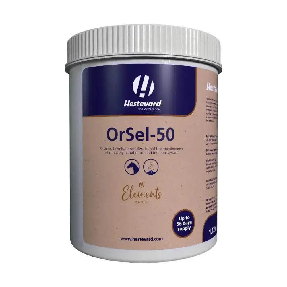 Hestevard orsel50 organic selenium complex horse supplements in a white cylindrical container with beige navy label