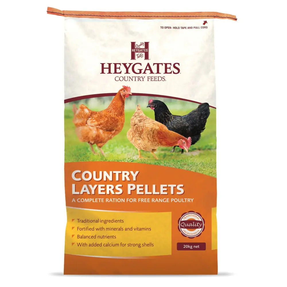 A 20kg bag of heygates country layers pellets in orange and white packaging for free-range poultry feed