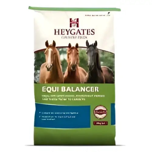 Green and white bag of heygates equi balancer pellets horse feed designed for equine nutrition and balance