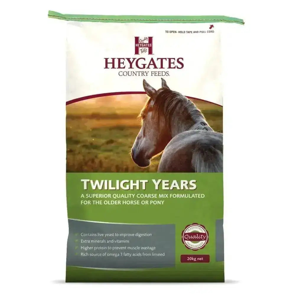 Green and white 20kg horse feed bag of heygates twilight years mix for ponies and older horses