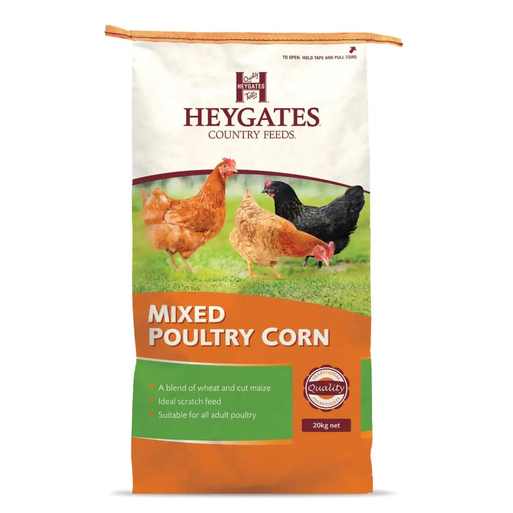 Heygates mixed poultry corn 20 kg bag with white and orange design featuring chickens for poultry feed use