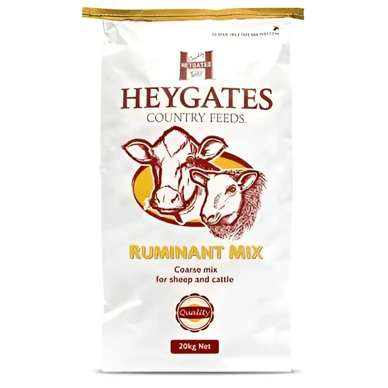 White bag of heygates ruminant coarse mix with brown branding and illustrations for sheep and cattle feed