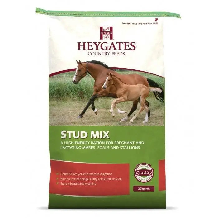 Heygates stud mix 20kg bag with green and red design high-energy ration for pregnant and lactating mares foals and stallions