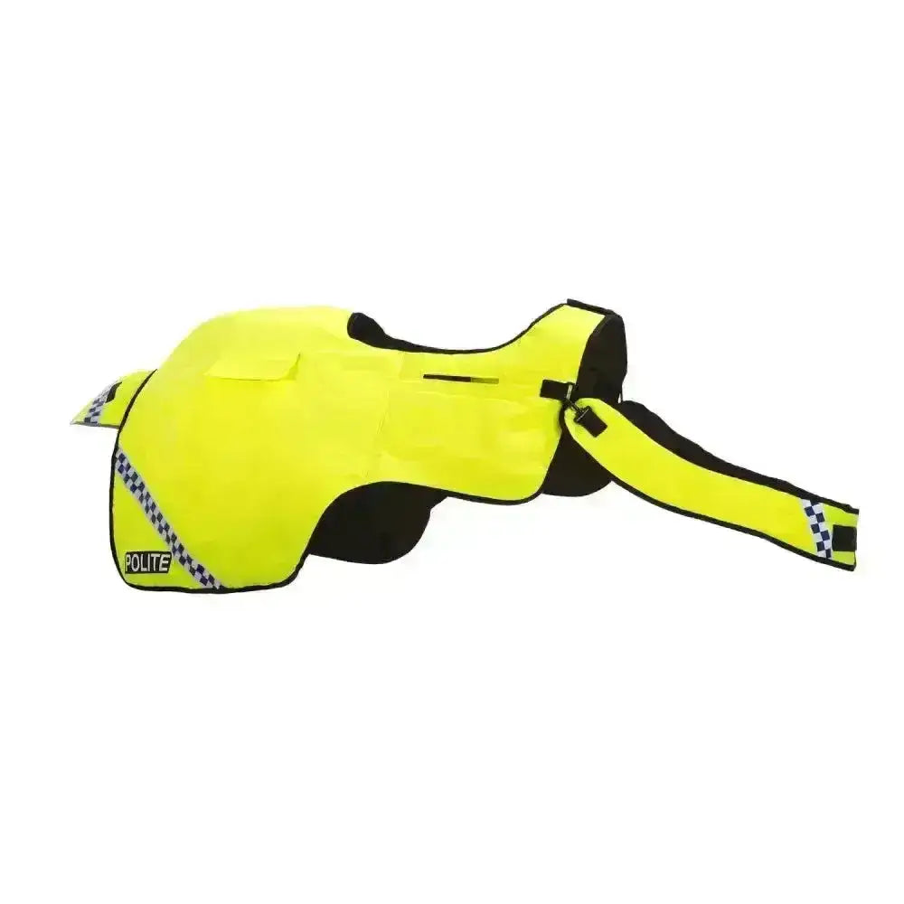 Bright yellow hi-vis equisafety polite winter police vest with black trim and reflective checkered stripes for safety