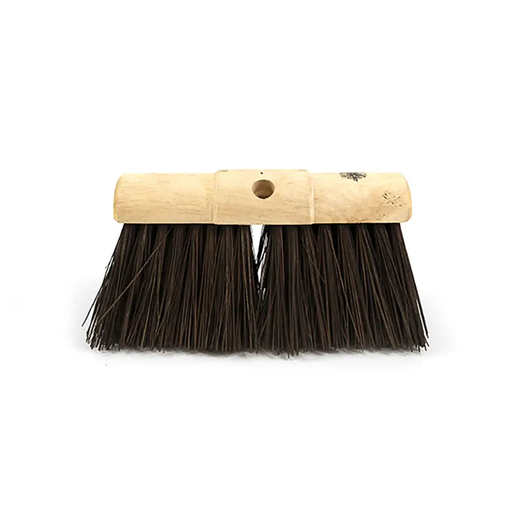 A hillbrush finest yard broom head stiff with dark brown stiff bristles and a sturdy light wood block handle