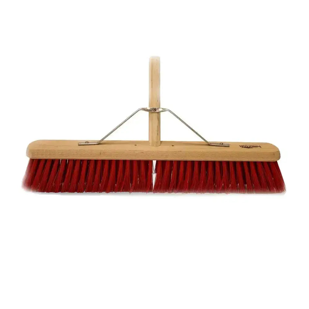Red bristle hillbrush industrial medium platform broom with light wood handle and metal frame stiffer synthetic broom