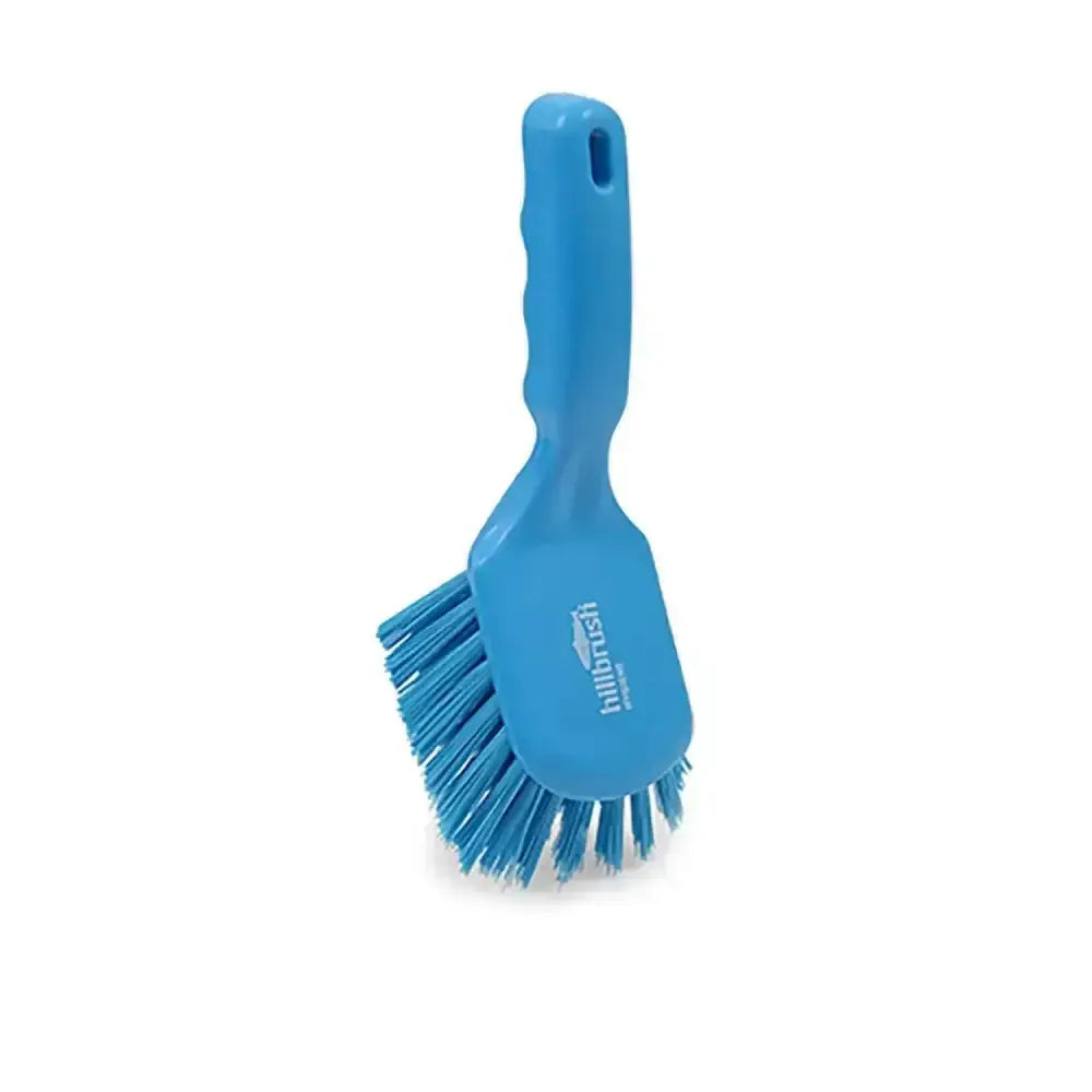 Blue hillbrush short handled stiff brush with dense bristles and textured grip on 254mm polypropylene block