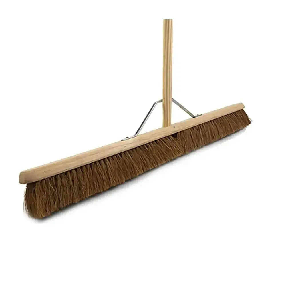 Brown bristle hillbrush soft coco platform broom with light wood handle and metal frame 914mm platform broom
