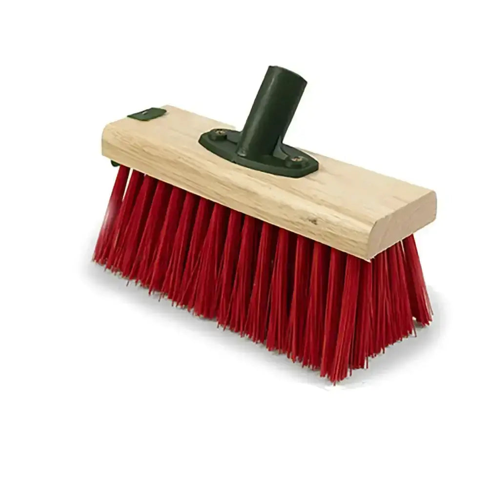 Red bristle hillbrush stiff yard broom head with light wood handle and black metal attachment for tough cleaning tasks