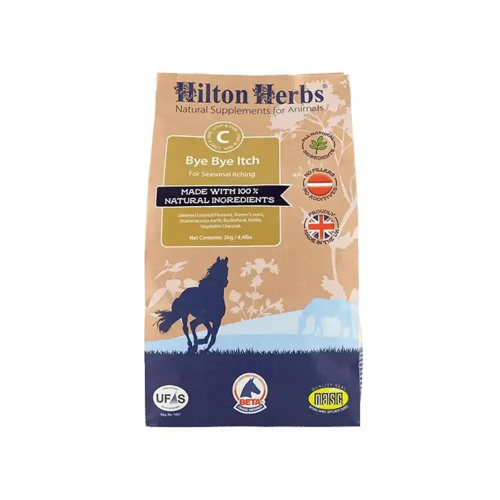 Hilton herbs bye bye itch supplement bag in tan and navy with horse silhouettes for seasonal animal itching relief