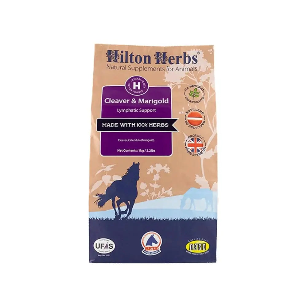 Hilton herbs cleaver & marigold lymphatic support supplement for animals in beige and navy blue bag with purple accents