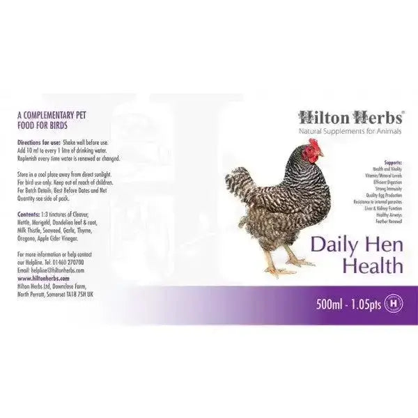 Hilton herbs daily 500ml natural pet supplement for daily hen health with black and white barred hen illustration