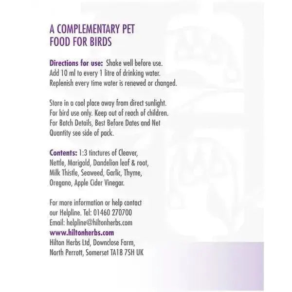 Clear bottle of hilton herbs daily hen health complementary pet food with purple label and herbal apple cider vinegar tincture