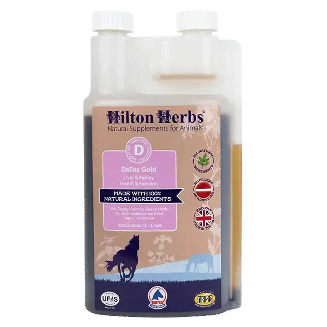 Hilton herbs detox gold supplement bottle for animals with clear plastic body white caps and purple horse cattle design