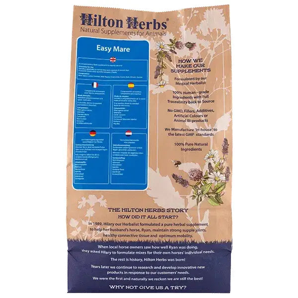 Hilton herbs easy mare supplement packaging with blue and beige herbal design for horse hormone supplements