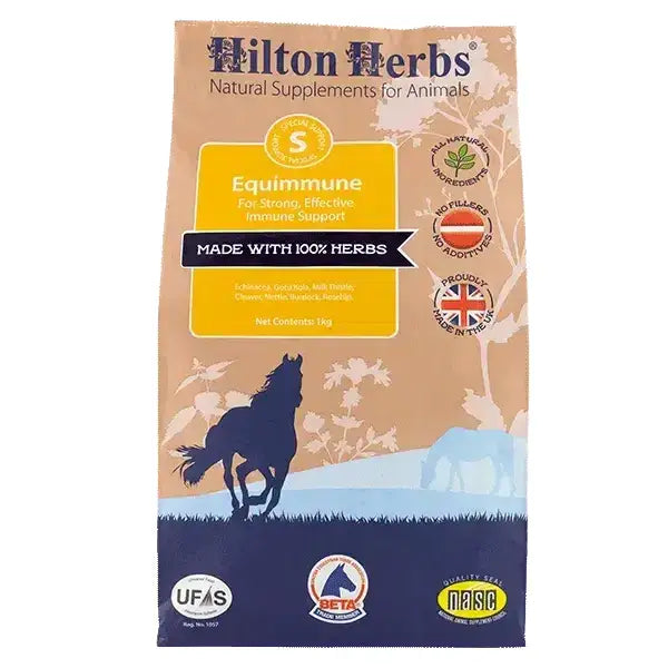Hilton herbs equimmune immune support supplements for horses in a beige and navy pouch with herbal illustrations maintains immune function