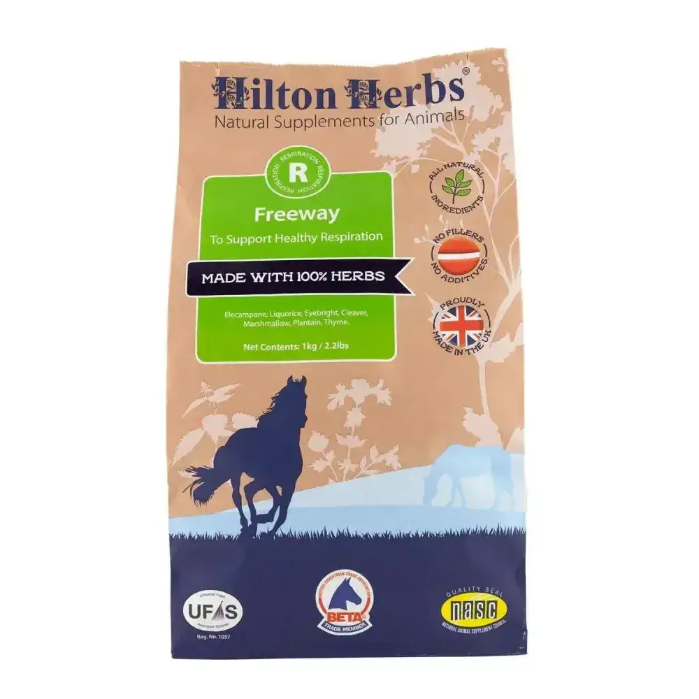 Hilton herbs freeway horse supplement bag with tan navy design and black galloping horse for efficient respiratory support
