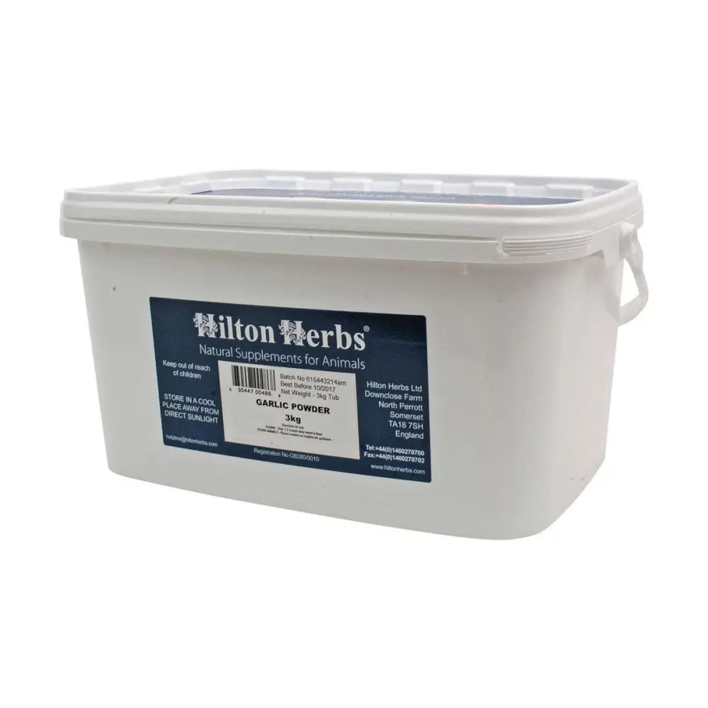 White plastic container of hilton herbs garlic powder with blue and white label pure culinary grade garlic
