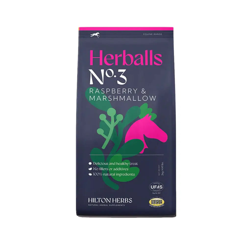 A dark blue bag of hilton herbs herballs no3 raspberry horse treats with pink horse silhouette and green leaves design