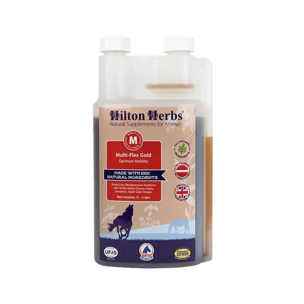Hilton herbs multiflex gold horse supplement bottle with clear plastic body white caps and beige label with horse silhouettes