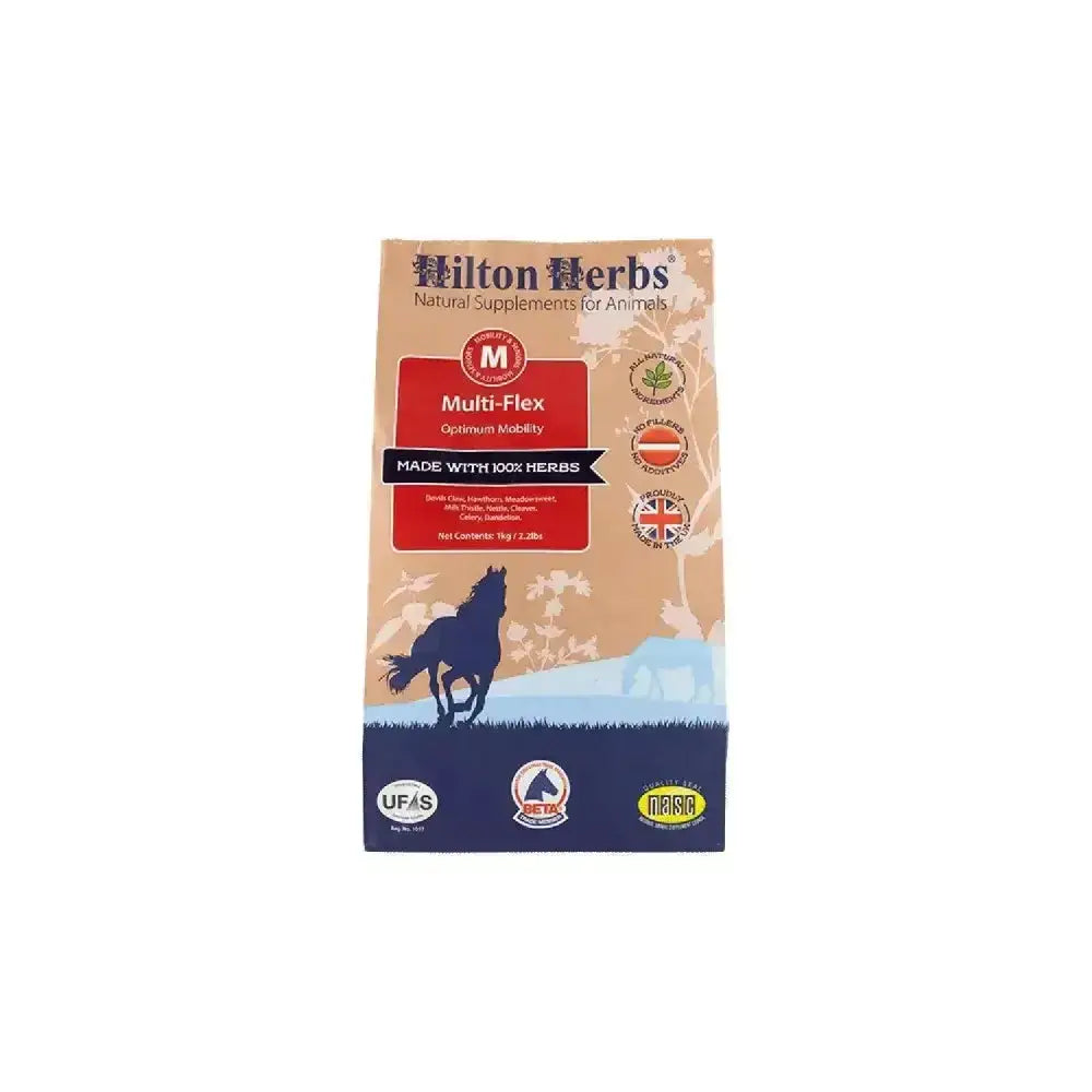 Hilton herbs multiflex horse supplement bag with tan and navy blue design and black horse silhouette