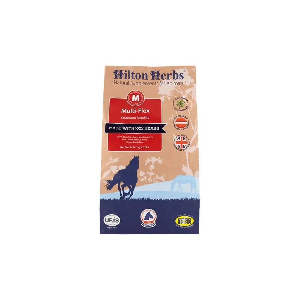 Hilton herbs multiflex horse supplement in beige and navy blue pack with galloping horse silhouette for joint support