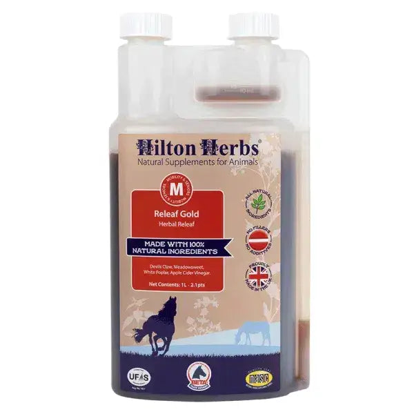 Hilton herbs releaf gold herbal joint supplement in clear plastic bottle with white cap and horse label