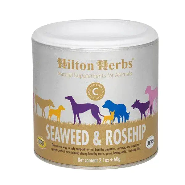 White cylindrical tin of hilton herbs seaweed and rosehip tub dog supplements with colorful animal silhouettes and gold lettering